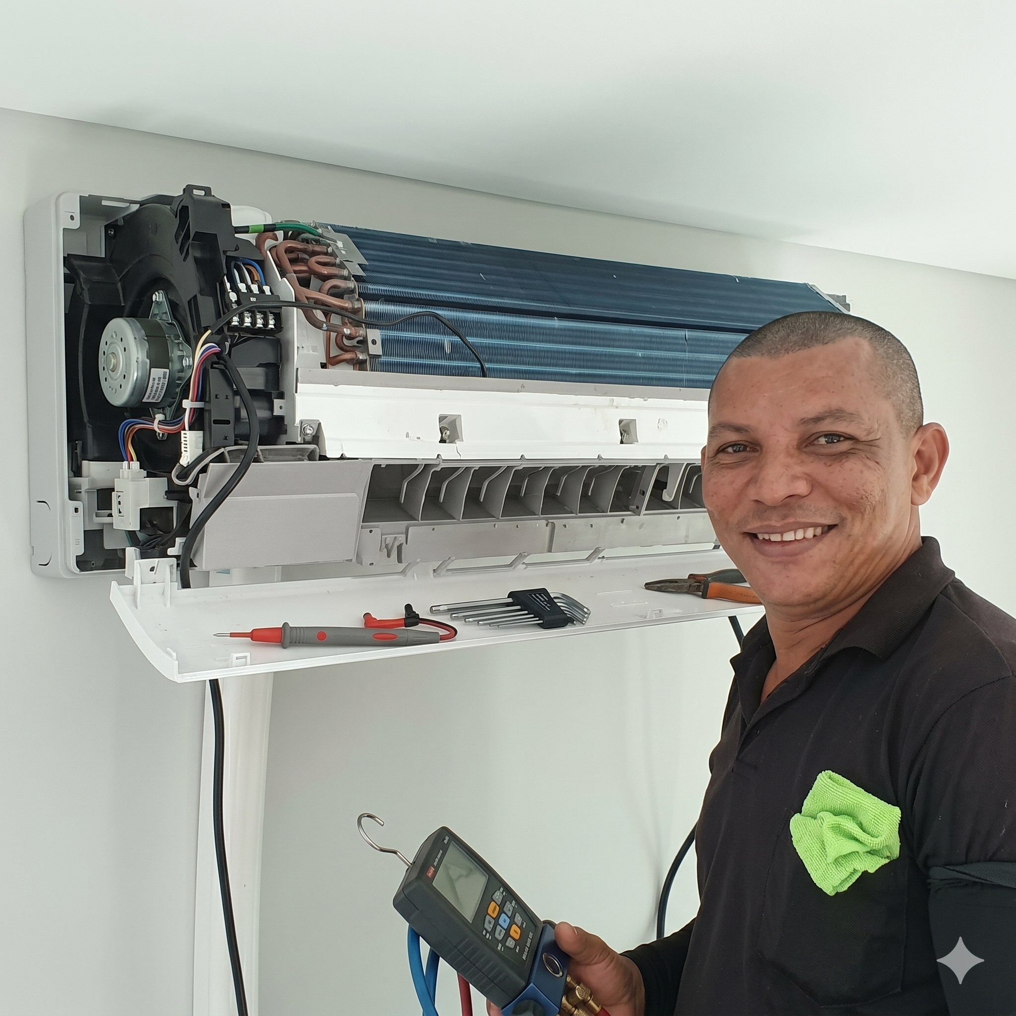 Antonio Francisco — o Tatu — realizando manutenção em ar split em Teresina